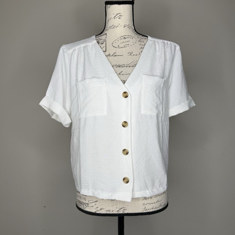 Monteau Los Angeles White Button Front Short Sleeve Crop Top Blouse New XL